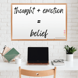 Thought plus emotion equals belief message on dry erase board