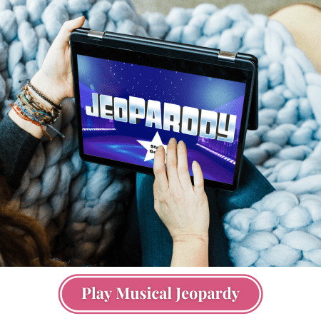 Woman holding tablet displaying Musical Jeoparody game