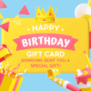 Gift card featuring gift boxes, cake, and party favors