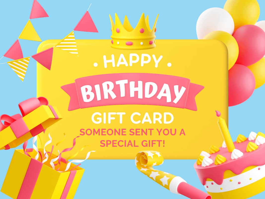 Gift card featuring gift boxes, cake, and party favors