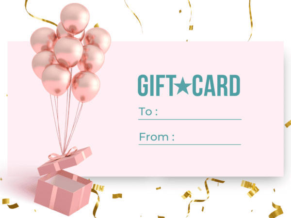 Gift card featuring floating pink balloons tied to pink gift box