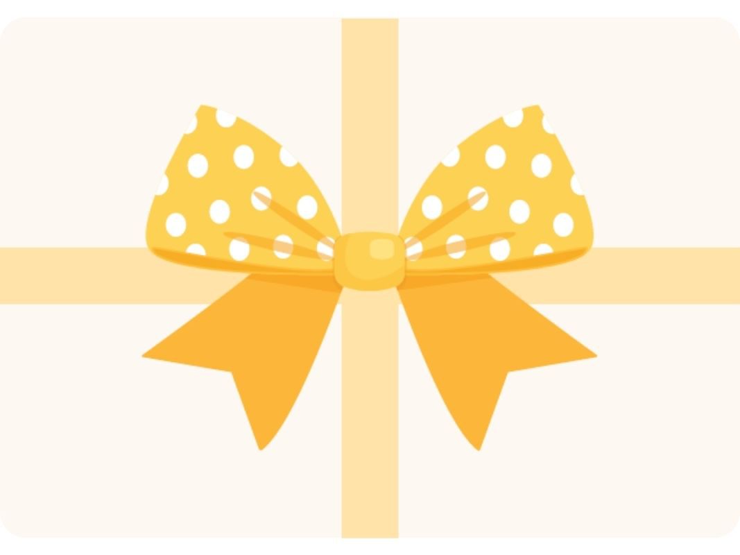 Illustration of gift with yellow ribbon with white polka dots.