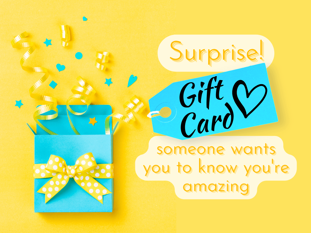 Gift card featuring blue and yellow confetti popping out of a blue envelope