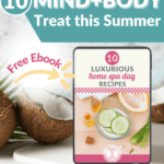 Mockup of skin care recipe ebook on tablet surrounded by coconuts