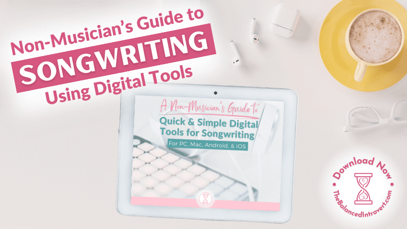 Desktop with coffee cup, notepad with pen, and earbuds scattered around white tablet displaying mockup of digital songwriting tools guide