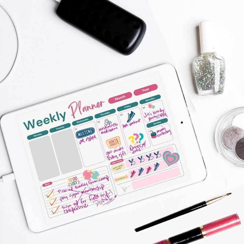Weekly Planner with Pizzazz sample digital page on tablet surrounded by beauty products.